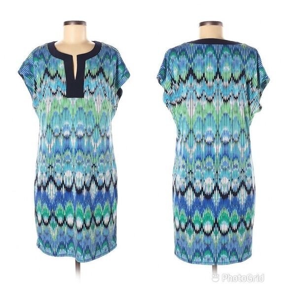 LAUNDRY Shelli Segal Blue Green Printed Shift Dress‎ Short Sleeve Summer Medium - Picture 1 of 10